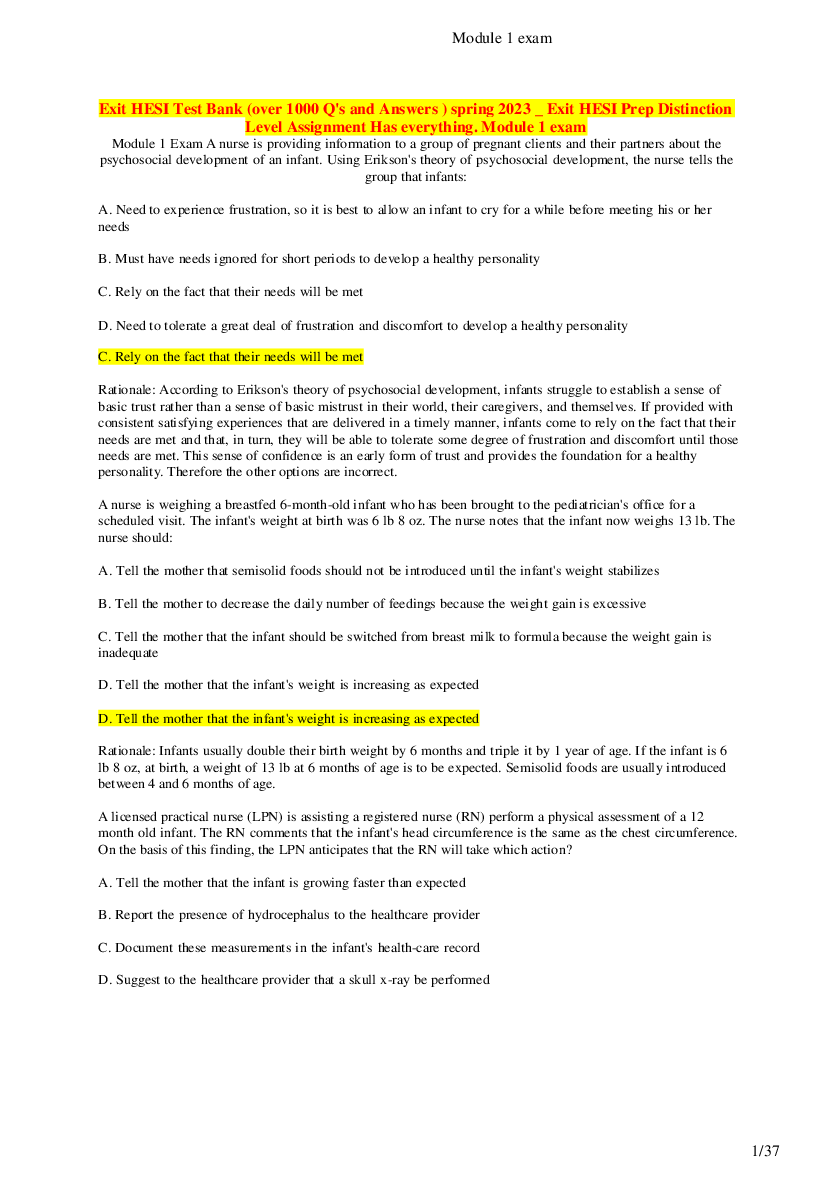 Preview image for Exit HESI Test Bank (over 1000 Q's and Answers ) spring 2023 / Exit HESI Prep Distinction Level Assignment Has everything.